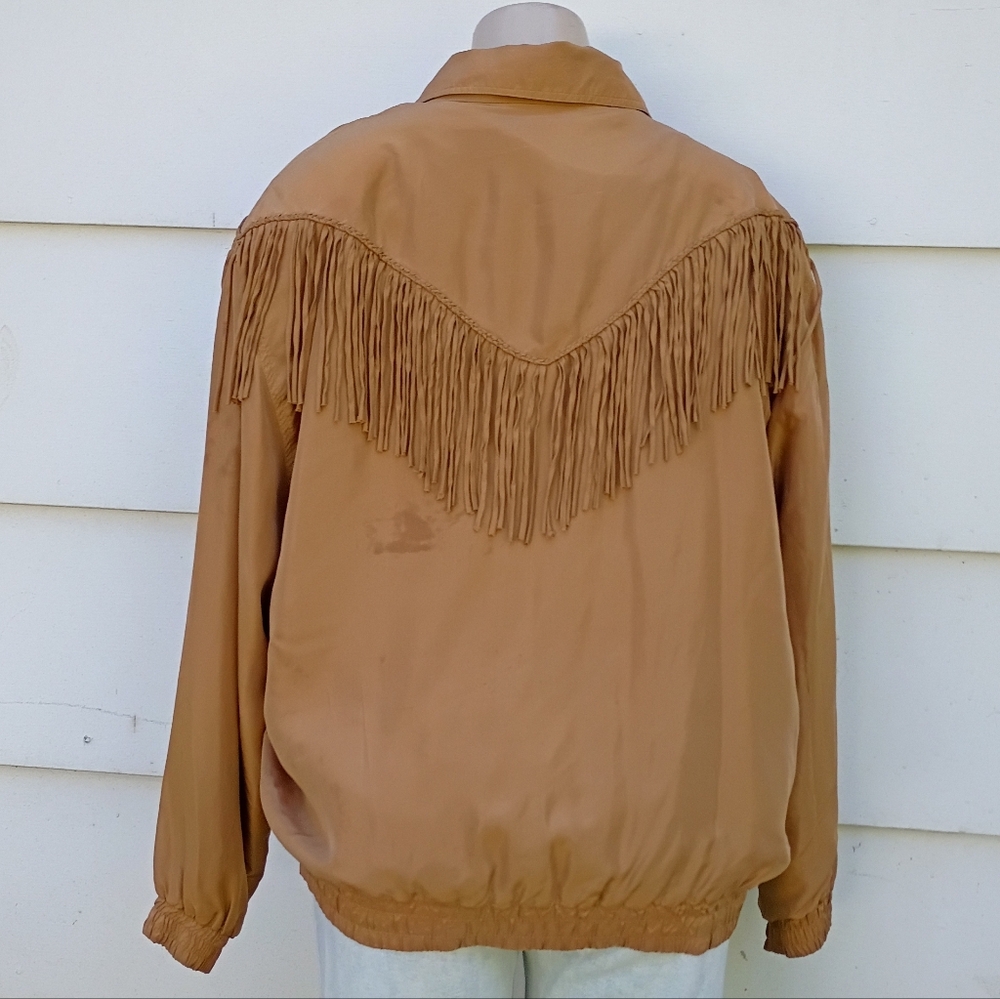💪🏾SOLD💪🏾 Brown Silk Fringe Bomber Jacket - Picture 5 of 6